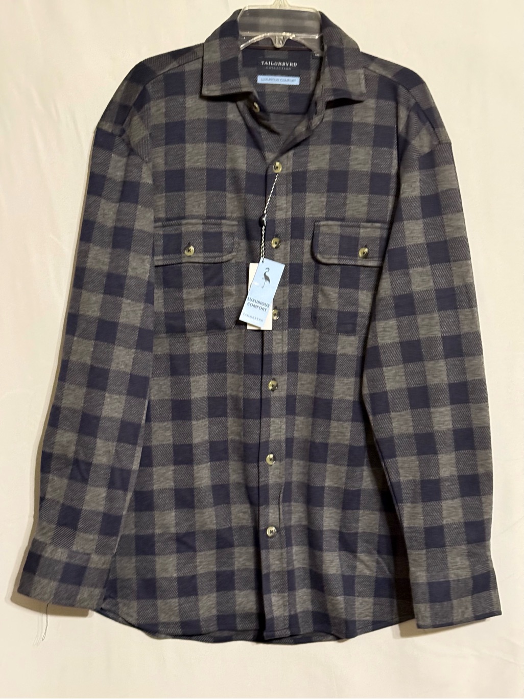 Nwt Tailorbyrd Gray Plaid Luxurious Comfort Flannel Shirt Size Small